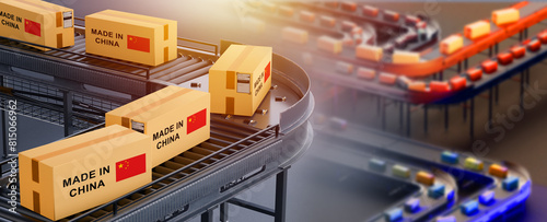 Made in China. Boxes on conveyor. Parcel from PRC. Production line in people republic of China. Automated production. Concept for delivery of goods from China. Products made in PRC. 3d image