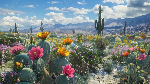A desert cactus garden in full bloom, with vibrant flowers bursting forth from the spiny plants and attracting pollinators in the harsh desert climate.
