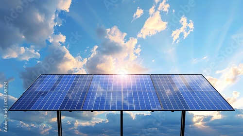 Three solar panels standing against a backdrop of a blue sky and fluffy clouds, depicting clean energy and environmental sustainability, 3D render