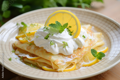 Summery Lemon Crepe with Chantilly Cream for a Summer Brunch - Bright and fresh lemon-infused crepe topped with a dollop of Chan Generative Ai,
