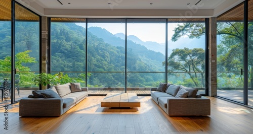 an open-air room with wooden floors and large windows overlooking green mountains, there is sofa furniture inside，Minimalist Countryside Retreat in Southern China