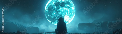 A monkey standing on a cliff, looking at a large, glowing moon