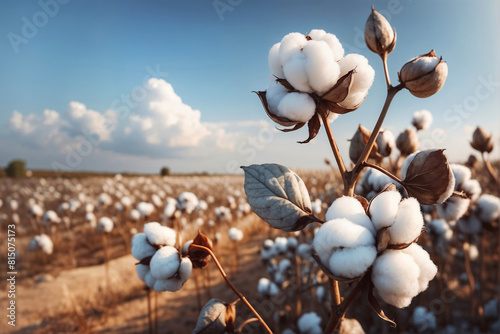 Cotton balls are prominently displayed on the plant in the foreground, with a vast field of cotton stretching out towards the horizon.
