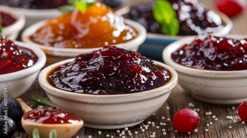 various plates of fruit jam on dark table