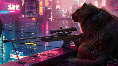 Sniper capibara ready to shoot on the roof of a sci-fi city 