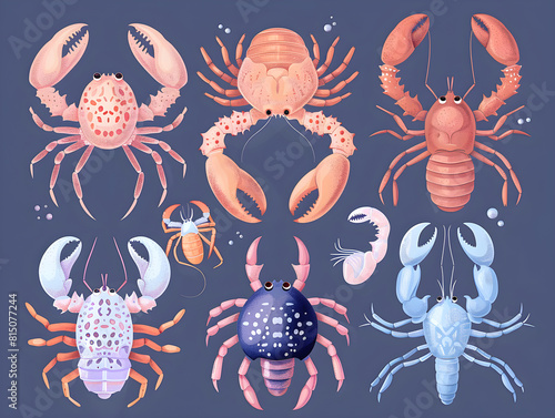 Vibrant Cartoon Crustaceans Collection: ally Styled Crabs and Lobsters in Diverse Hues, Dark Blue Backdrop – Concept of Marine Life Diversity and Aquatic Fauna