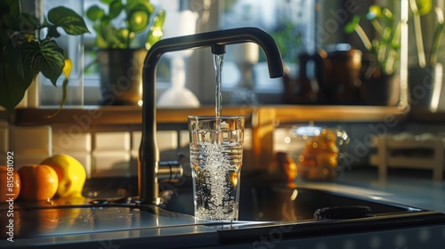Filling up a glass with clean drinking water from kitchen faucet. Safe to drink tap water. hyper realistic 