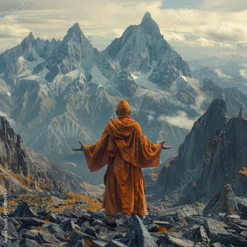 Buddhist monk, behind him gorgeous landscape with mountains