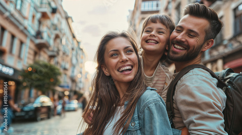 A family of three smiling and posing for a picture on a city street