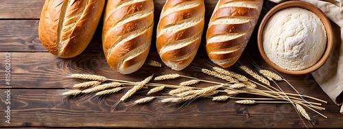  Bread bakery background top food view fresh white wheat loaf. Background food flour bakery top bread slice pastry brown breakfast bake organic cut table french grain baguette board wood whole wooden.
