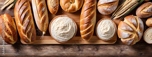  Bread bakery background top food view fresh white wheat loaf. Background food flour bakery top bread slice pastry brown breakfast bake organic cut table french grain baguette board wood whole wooden.