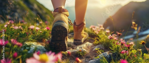 Close-up of a hiker's boots on a mountain trail with wildflowers in the background. Vacation adventure and hiking concept. Design for poster, banner with copy space, advertisement.