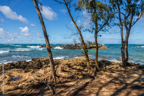 Exposure of pretty Hawaiian sea, shore and mountains along the East coast of Oahu island