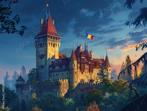 A whimsical depiction of a fairy tale castle in Romania with the Romanian flag in the twilight sky