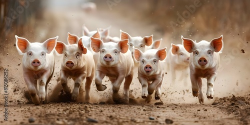 Herd of pigs running on a dirt road. Concept Animals, Nature, Rural Life, Farm Animals, Running Wild