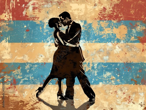 An artwork of a tango dance in Buenos Aires with the Argentinian flag as the background