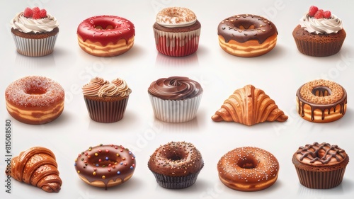 Various sets and collections of sweets and desserts including chocolate cake, cupcakes, apple pie, pretzel, donut, pastry, cupcake, cookies, croissant, bakery products and all on a white background.