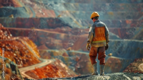 Copper mine worker in an open pit. His silhouette is silhouetted against the backdrop of the mountain range of the mine. Human labor and perseverance in mining.