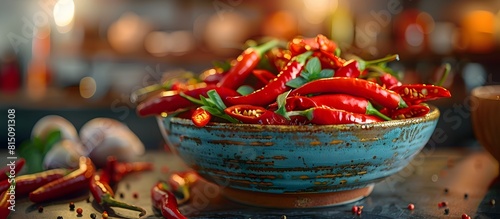 Bowl Filled with Fiery Red Bird s Eye Chili Peppers on a Rustic Background