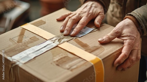 A delivery person carefully handles a cardboard box with fragile items. The box is being held with care and attention to ensure the safety of the items inside.