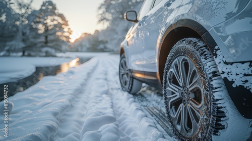 A close-up shot shows the front wheel of a car on a snow-covered road in a wooded area. Snow-white snow covers the surrounding area.