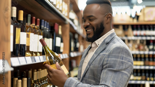 Happy African-American male customer choosing a wine bottle in an aisle from a shelf in a wine store