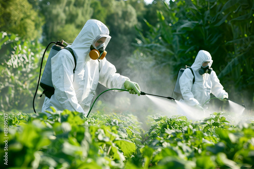 agricultural Farmers in protective Suits and mask Spraying pesticides on Crop in Farm Field