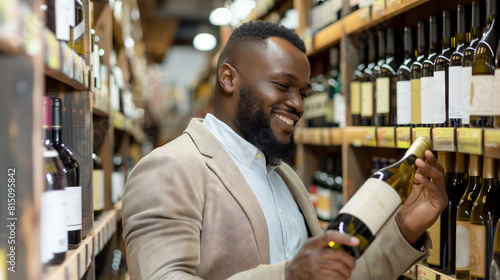 smiling african american man holding a bottle of wine in a wine store