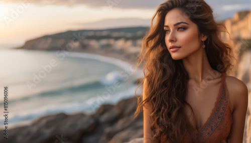 A beautiful brunette woman looks out to sea