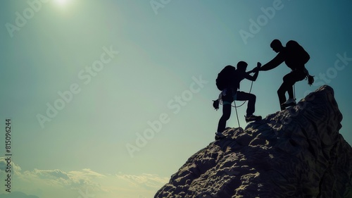 Help and assistance concept. Two men climb a mountain while helping each other. Reaching the top.