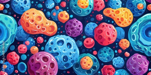 Colorful cartoon seamless pattern with craters on the surface of the planets.