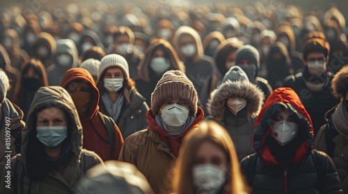 Crowd Wearing Protective Masks Practicing Social Distancing During Public Health Crisis