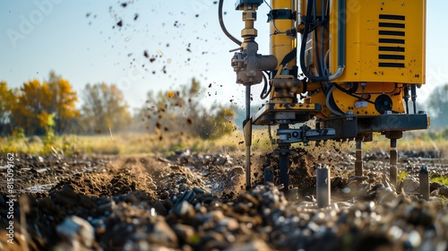 Vivid Photo of a Bright Yellow Earth Drill in Action, Highlighting Soil Sampling Techniques