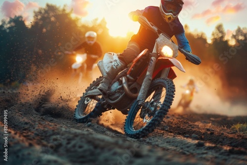 A person riding a dirt bike on a dirt road, suitable for outdoor and adventure concepts