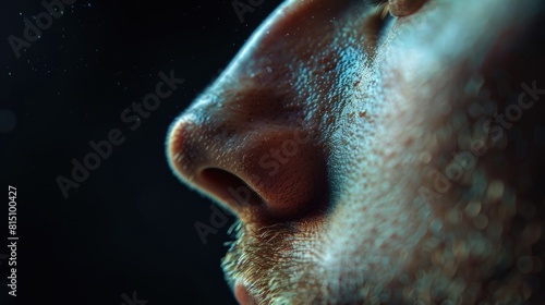 Close up of a man's nose with a blurry background. Perfect for medical or skincare concepts