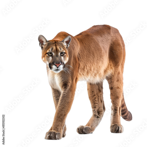 A mountain lion is pacing confidently in front of a plain white backdrop, a Beaver Isolated on a whitePNG Background