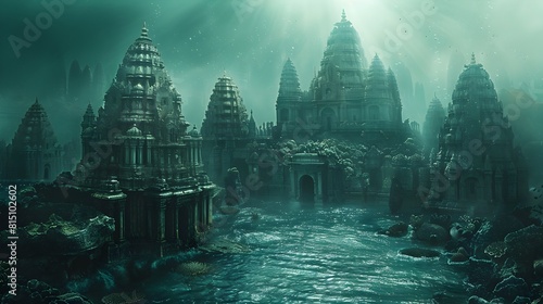 Enchanting Underwater Ruins of an Ancient Sunken Metropolis Shrouded in Mysterious Coral Overgrowth