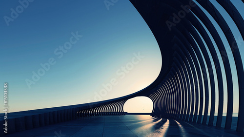 A minimalist composition of straight and curved lines forming a striking architectural silhouette against a clear blue sky, blending modernity with nature.