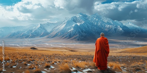 Buddhist Monk Standing in Field