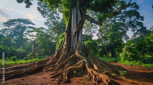 A magnificent rainforest tree stands tall with lush green foliage showcasing its immense buttresses and intricate root system at the Limbe Botanic Garden in Limbe Cameroon located in the vi
