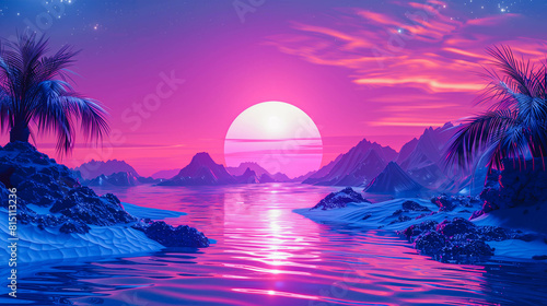 Sunrise over the sea, sci-fi background with palm leaves