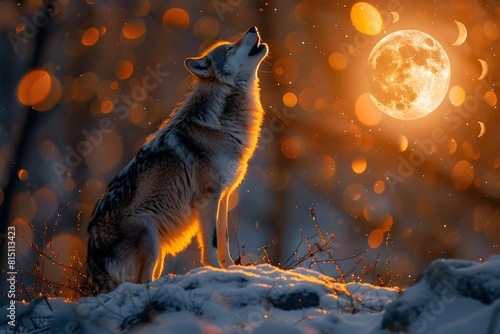 Lone Wolf Howling at the Full Moon in Snowy Winter Wilderness Landscape