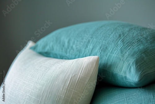 close up of a pillow, A minimalist cushion fabric: the forest green linen now a serene sky blue. The subtle waves create a soothing rhythm, perfect for lazy afternoons