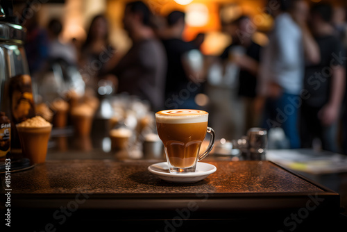 World Coffee Day with a Cup of Espresso on a Café Counter - A rich cup of espresso on a café counter, with blurred baristas Generative Ai,