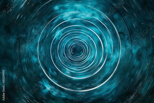 abstract background, An abstract cosmic portal: glowing concentric circles emerge from the dark blue void, their edges shimmering in electric teal. The stripe-like lines weave a celestial tapestry, hi