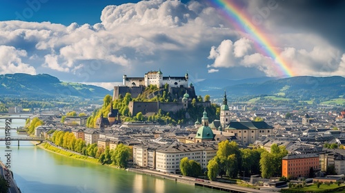 Austria, Rainbow over Salzburg castle generate ai