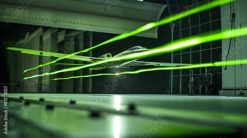 High-Speed Aerospace Wind Tunnel, Testing a Model Plane with Luminous Lime Green Streaks