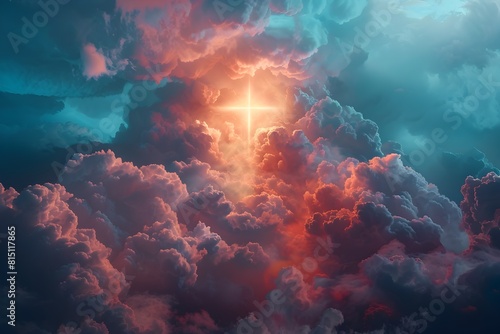 Radiant Cross in Clouds Symbolizing Jesus Ascension to Heaven in a Resurrection Concept