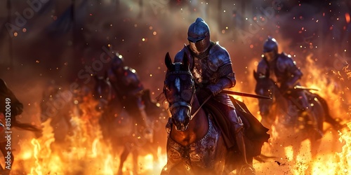 D rendering of knights in armor jousting on horseback amidst fiery battle. Concept Fantasy Battle Scene, Medieval Knights, 3D Rendering, Jousting on Horseback, Fiery Battle