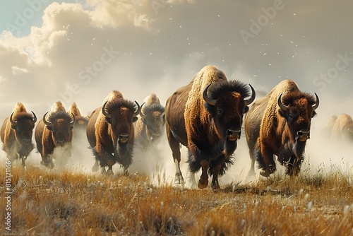 Thundering Herd of Bison Galloping Across Vast Prairie Landscape